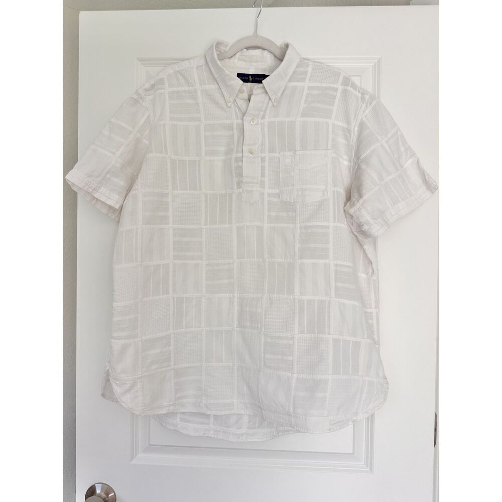 Ralph Lauren 100% Cotton Shirt Mens XXL White Patchwork Short Sleeve Pullover